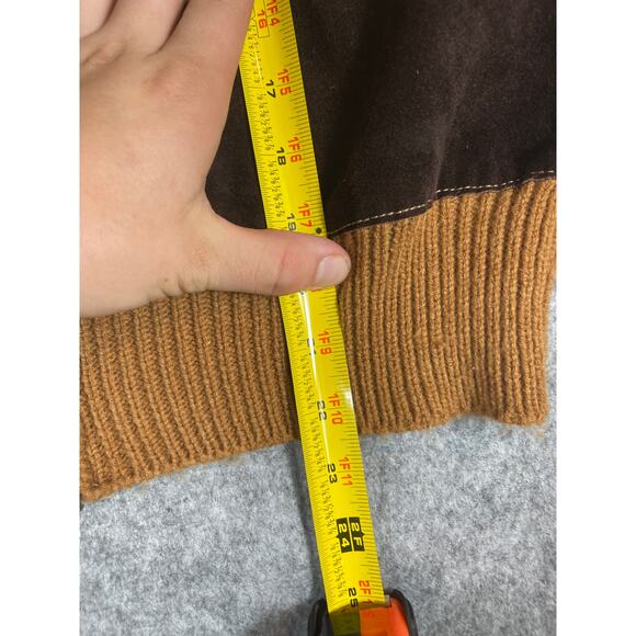 VINTAGE 90s Bomber Jacket Mens Medium Brown Leather Striped Knit Turtleneck Y2K - Picture 4 of 7